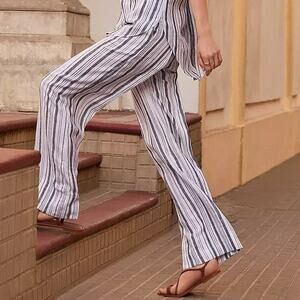 LOFT Pants Striped Linen Pull On Wide Leg Palazzo Deep Space Gray Size XXL (NWT)